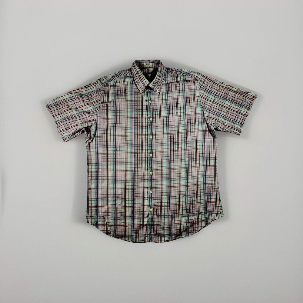 Peter Millar Shirt Men Size XL Button Down Plaid Pink Blue White Short Sleeve